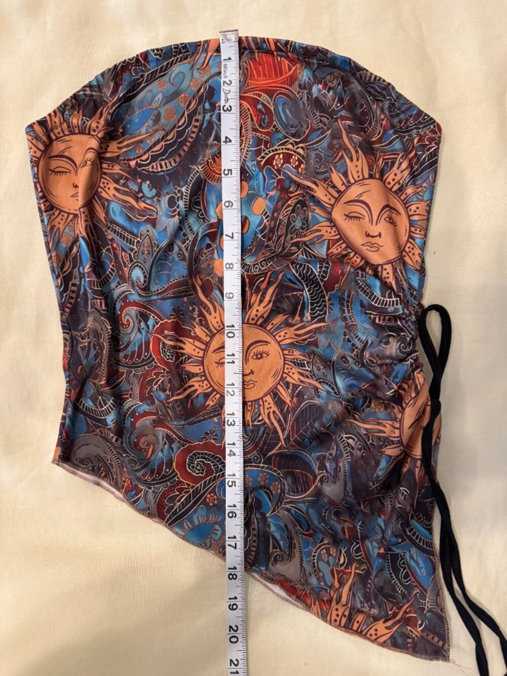 Celestial Sun Print Strapless Ruched Asymmetrical Y2K Top M - Picture 7 of 7